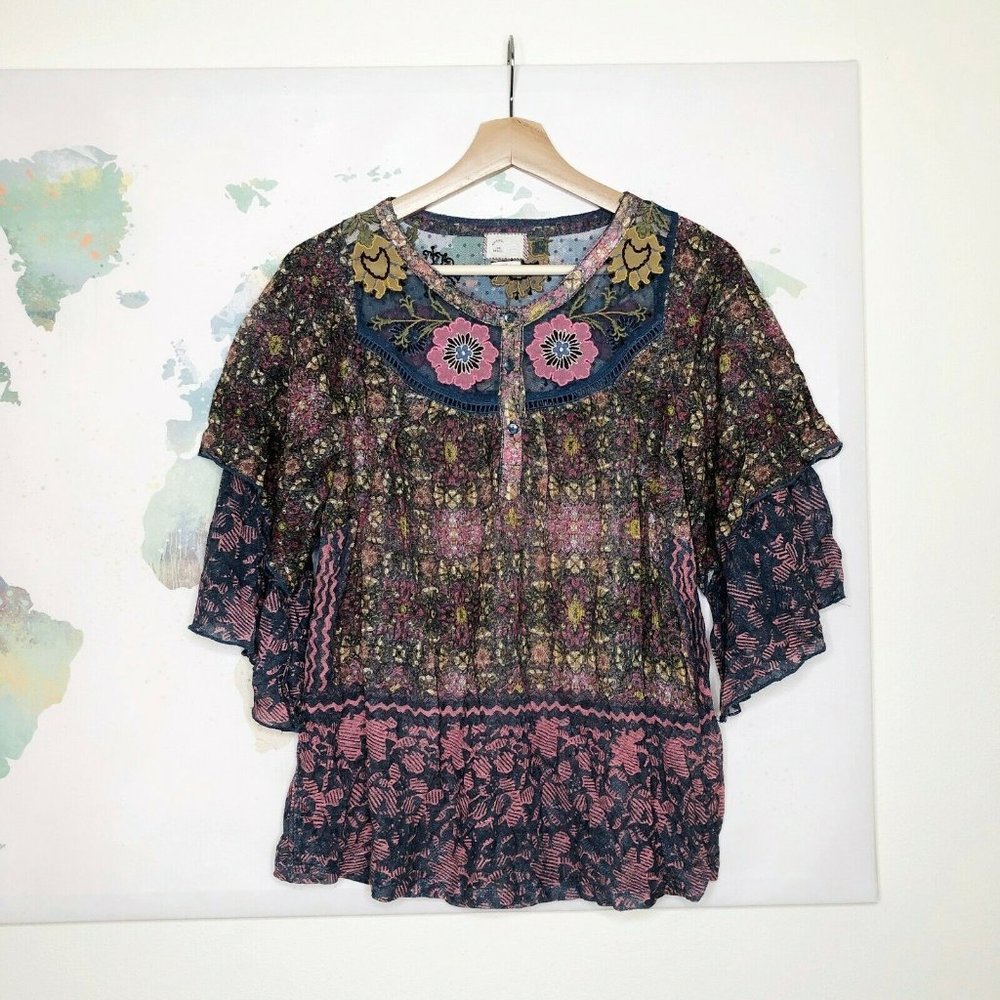 Anthropologie Floral Mixed-Print Boho Blouse in Navy, Pink, Olive